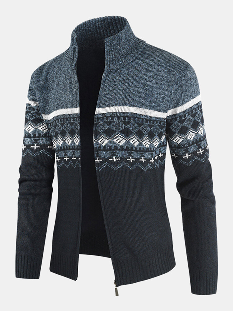 Mens Tribal Print Knitted Zipper Up Thick Rib Hem Casual Sweater Cardigan