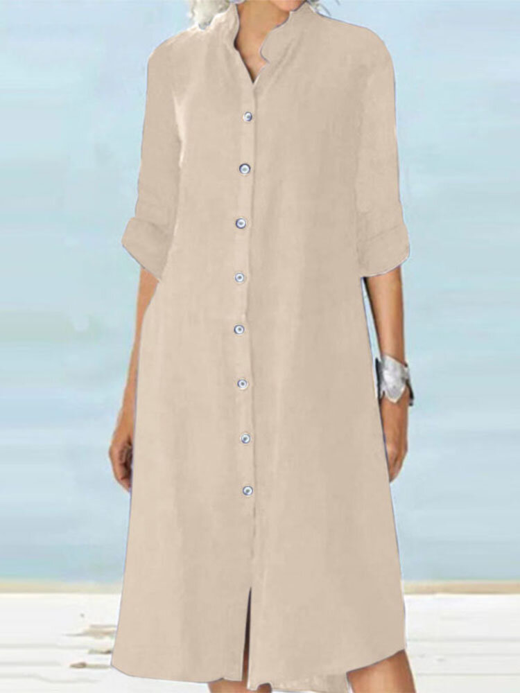 Solid Long Sleeve Button Front Stand Collar Dress