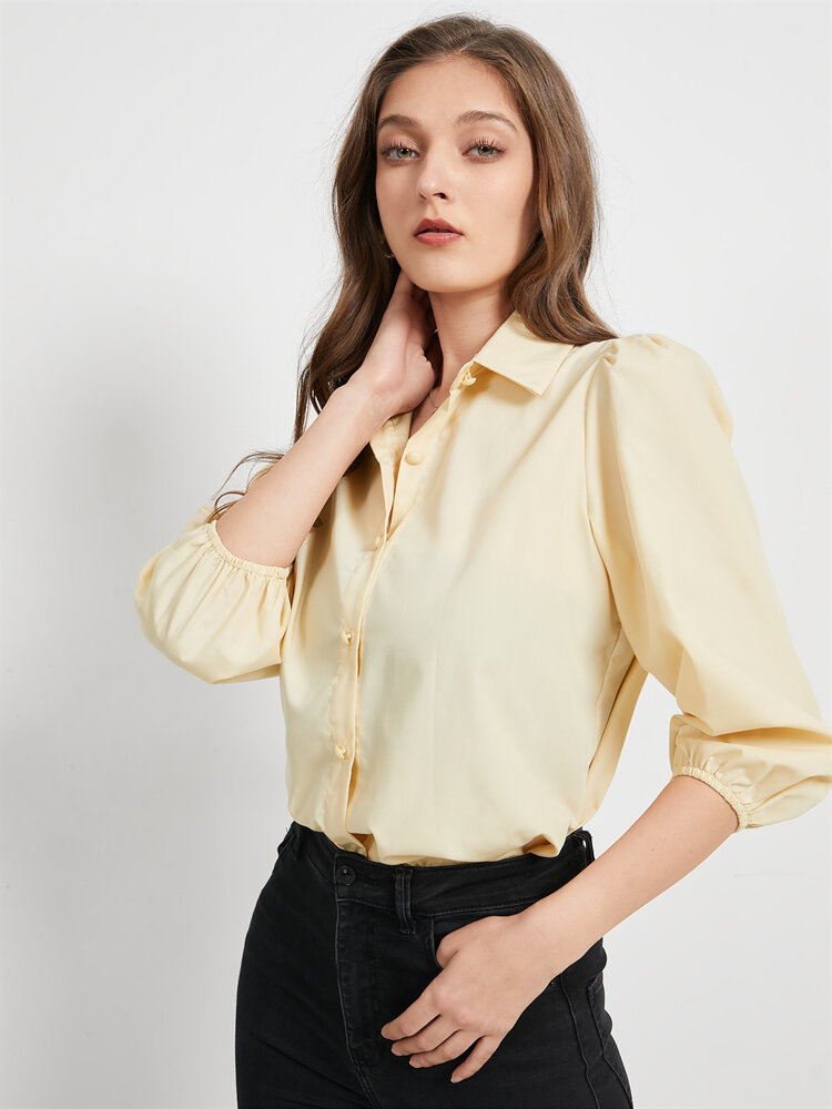 Solid Button Puff Long Sleeve Lapel Shirt For Women