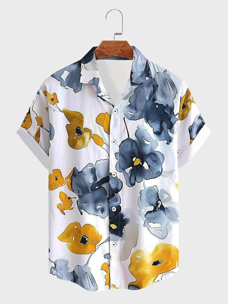 

Mens Watercolor Floral Print Button Up Short Sleeve Shirts, White