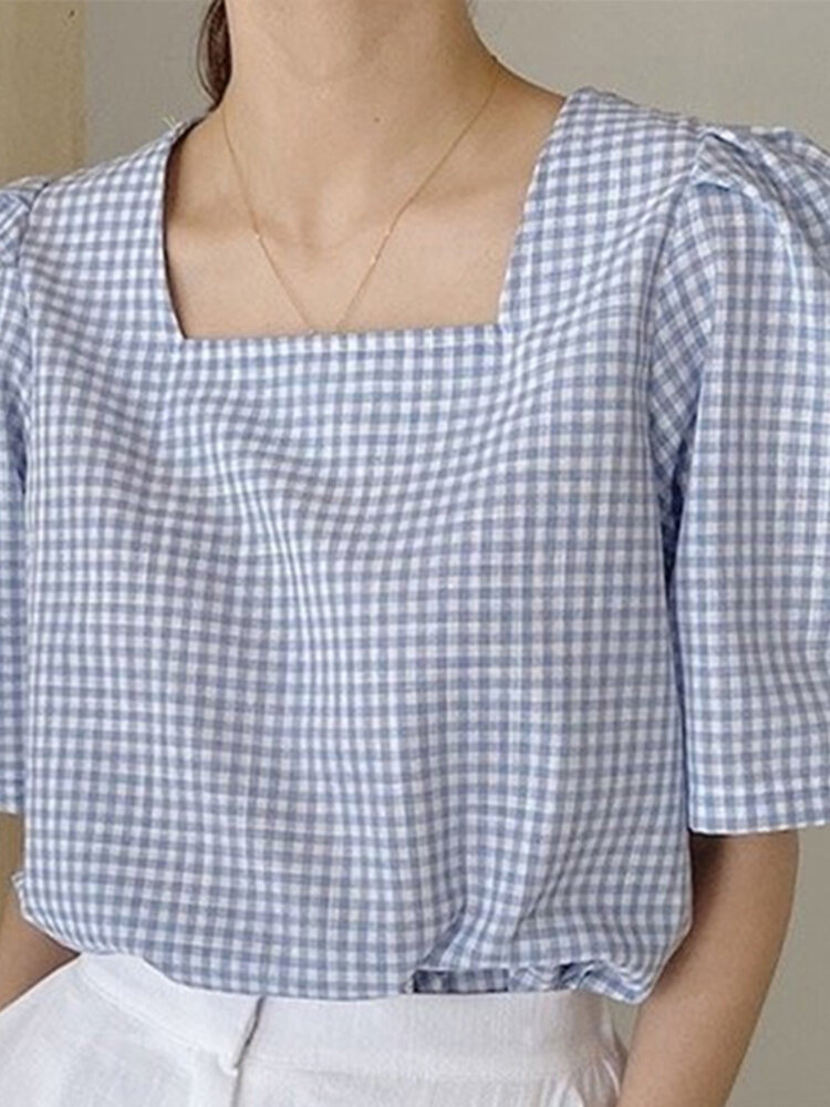Plaid Print Square Шея Элегантная блузка с короткими рукавами