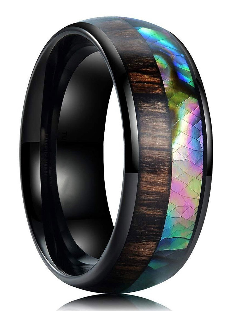 Trendy Simple Wood Colorful Shell Pattern Patchwork Geometric-shaped Stainless Steel Ring
