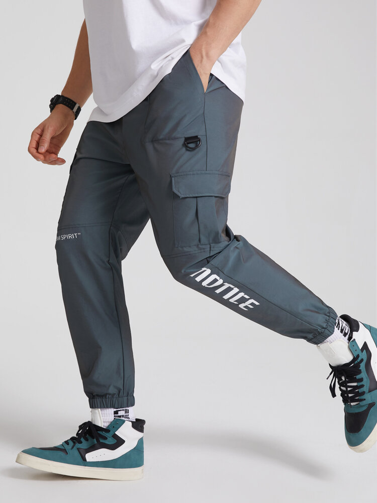 Mens Letter Print Reflective Effect Street Cuffed Cargo Pants With Pocket