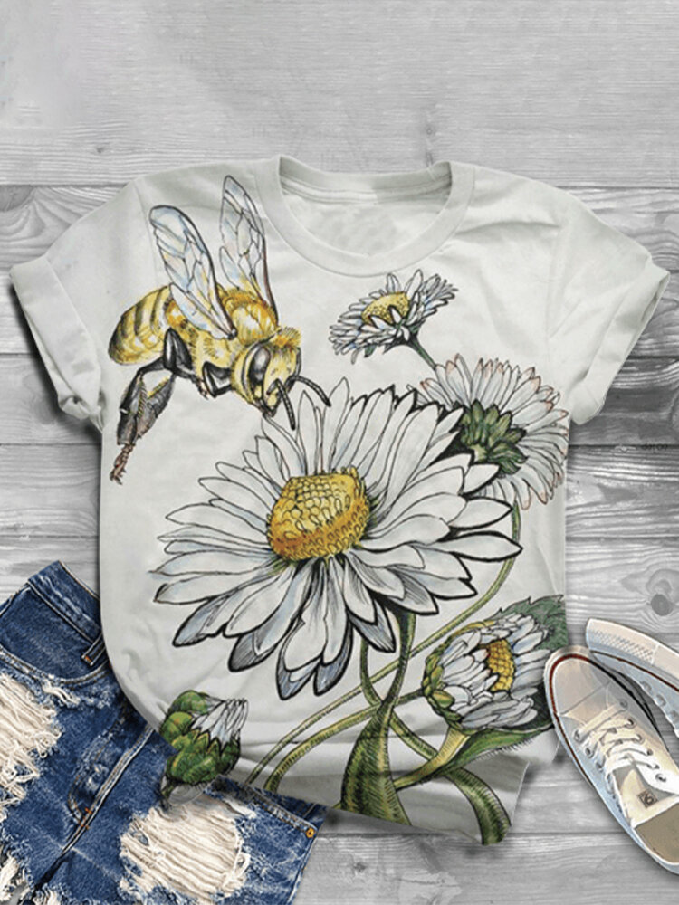 

Bee Daisy Calico Floral Print Short Sleeve T-Shirt For Women, White
