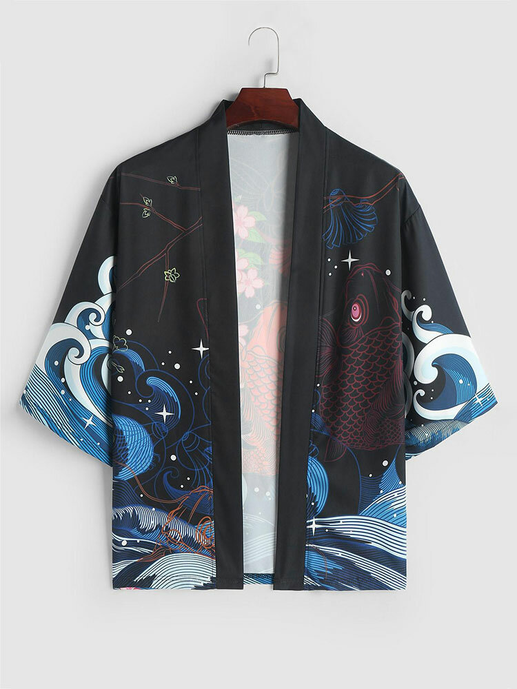 Mens Japanese Wave Carp Floral Print Open Front Loose Kimono