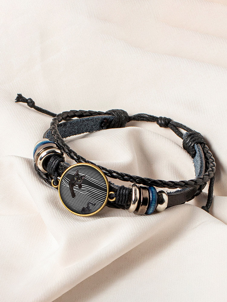 Hand-Woven Leather Bracelet Cat Round Glass Print Head Multi-Layer Women Bracelet