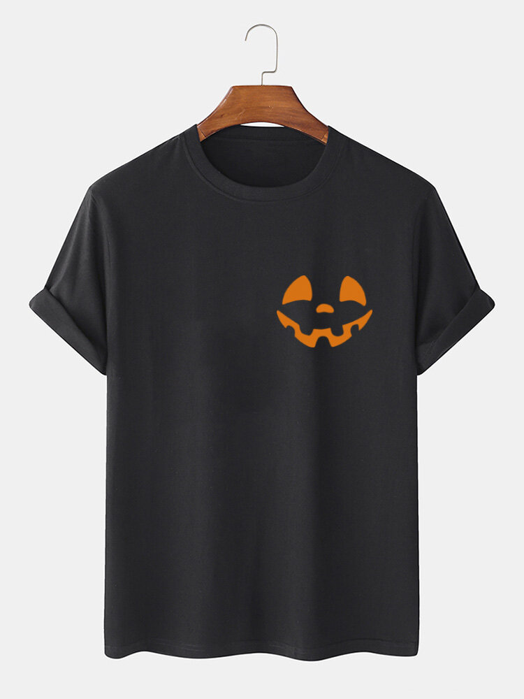 Mens 100% Cotton Halloween Funny Pumpkin Printed O-Neck Casual Short Sleeve T-Shirts