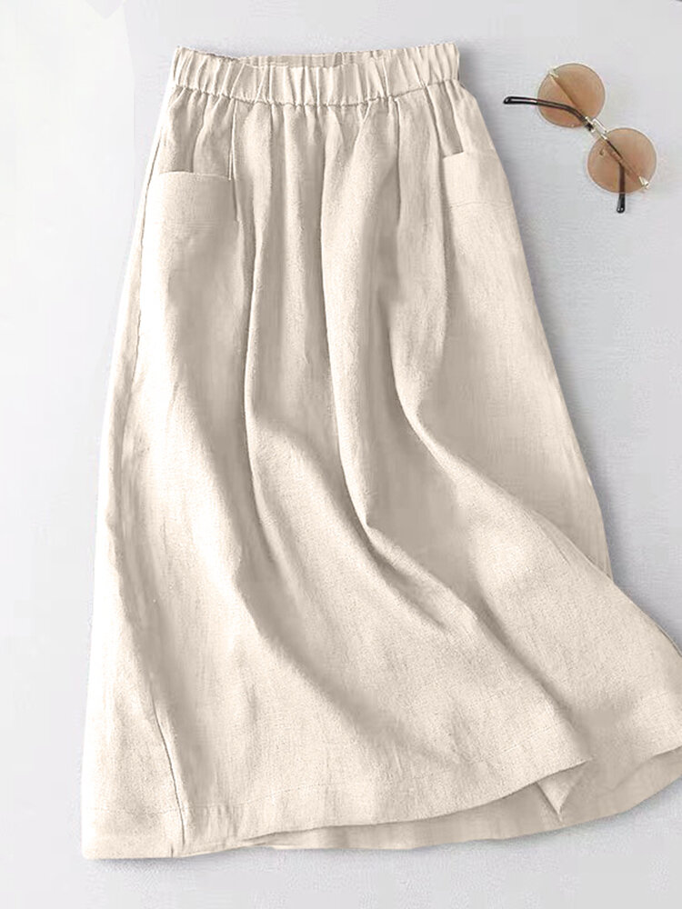 Elastic Waist Dual Pocket Solid Skirt For Women