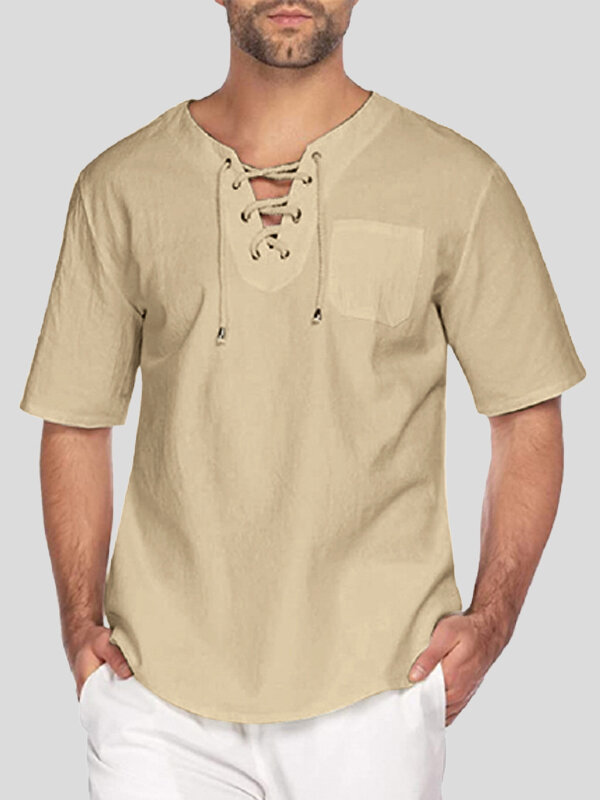 Mens Solid Drawstring V Neck Cotton Short Sleeve T Shirt