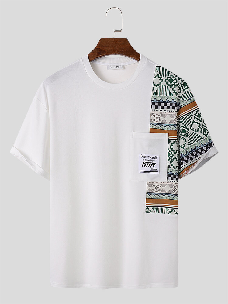 Camisetas masculinas vintage com estampa geométrica patchwork gola redonda manga curta