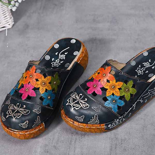 Socofy Original Leather Butterfly Print Silppers Flower Platform Retro Sandals