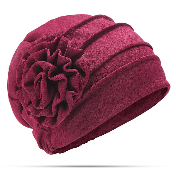 

Womens New Side Paste Large Flower Beanies Cap Casual Cotton Solid Bonnet Hat, Black;navy;red wine;watermelon red
