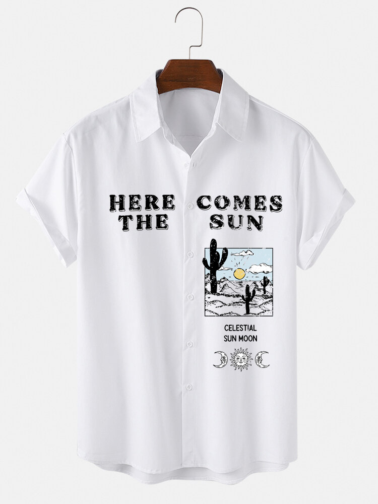 Mens Slogan Cactus Desert Print Button Up Short Sleeve Shirts