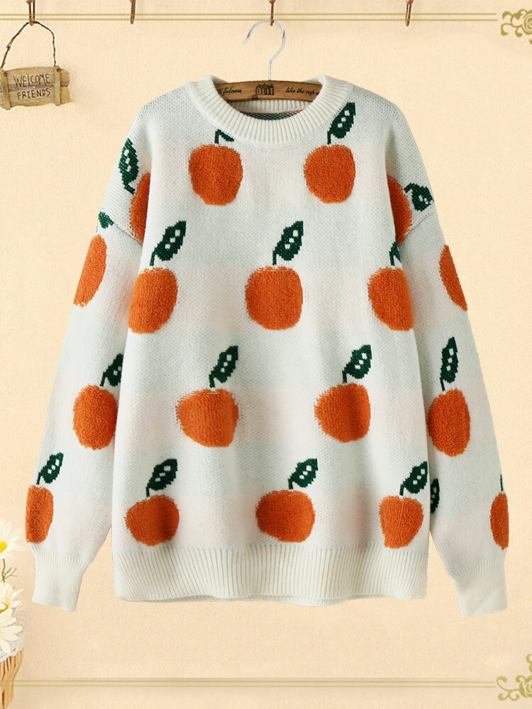 Orange Pattern Long Sleeve O-neck Knitted Plus Size Sweater