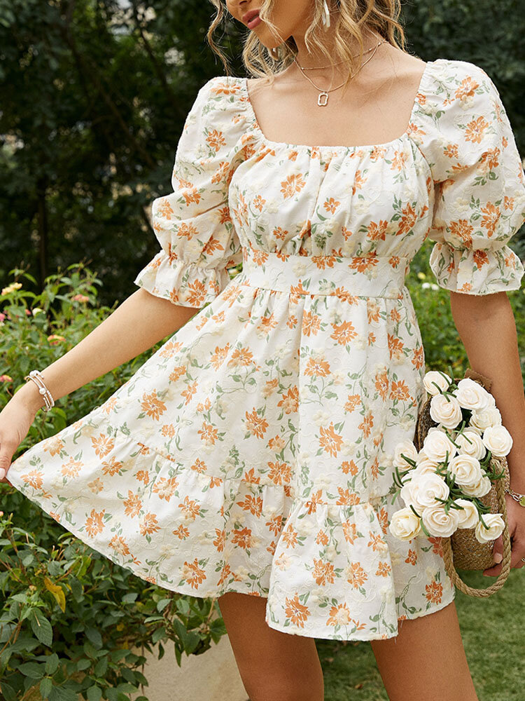Floral Print Bow Open Back Puff Sleeve Square Collar Dress