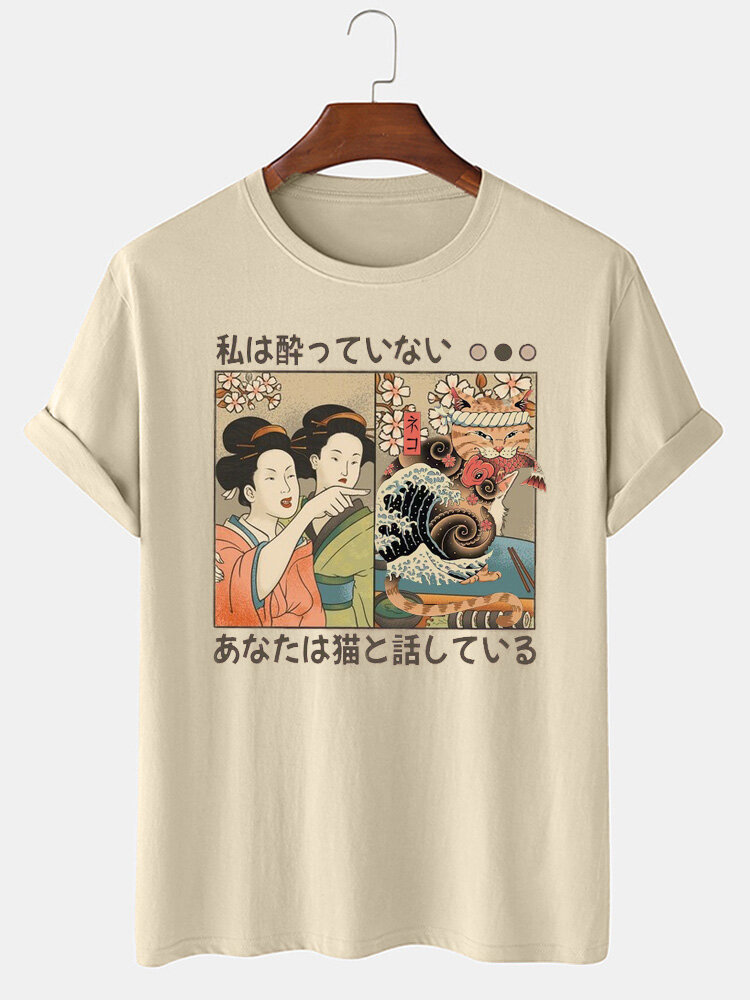 Mens Japanese Figure Cat Ukiyoe Print Crew Neck Short Sleeve T-Shirts Winter