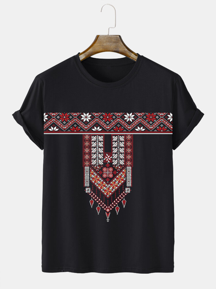Herren-T-Shirts mit ethnischem Blumen- und geometrischem Aufdruck, Rundhalsausschnitt, kurzärmelig, Winter