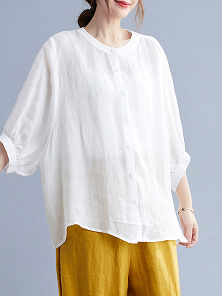 Solid Button Front Loose Crew Neck 3/4 Sleeve Blouse