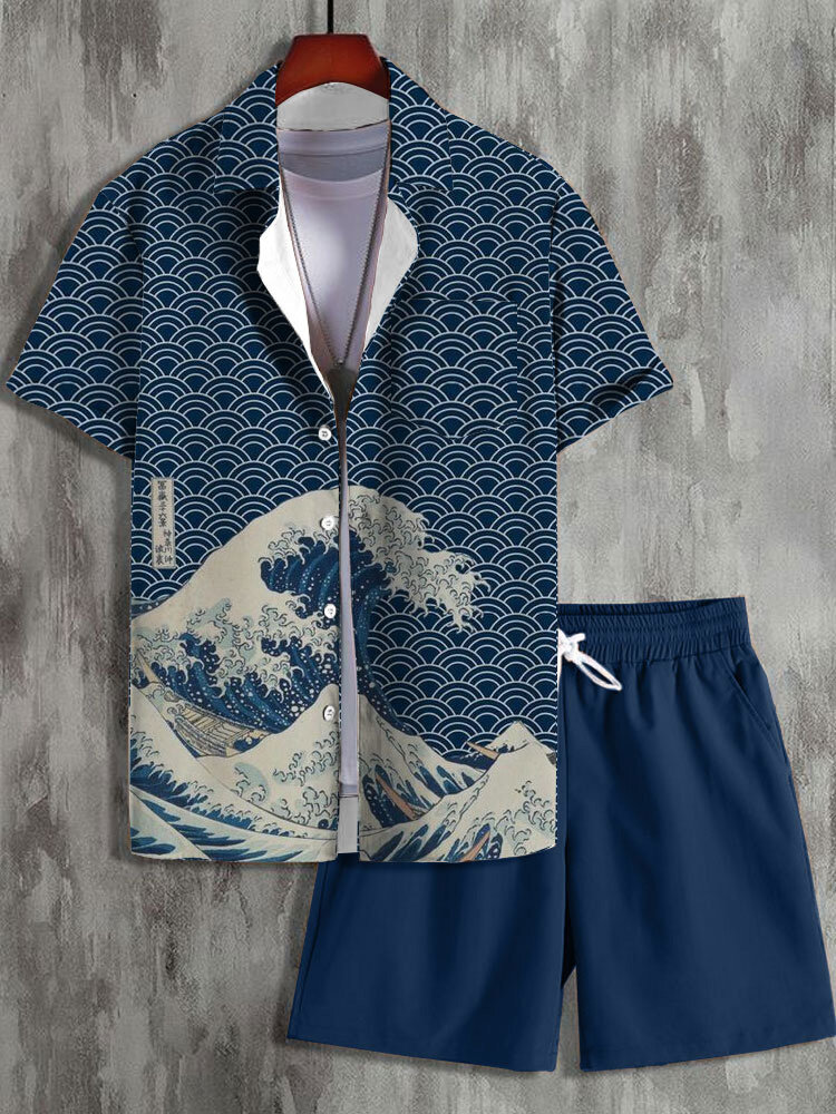 Mens Japanese Wave Ukiyoe Print Lapel Two Pieces Outfits