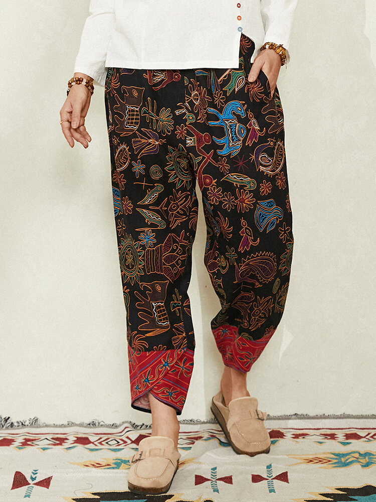 Ethnic Print Elastic Waist Plus Size Pockets Pants for Women