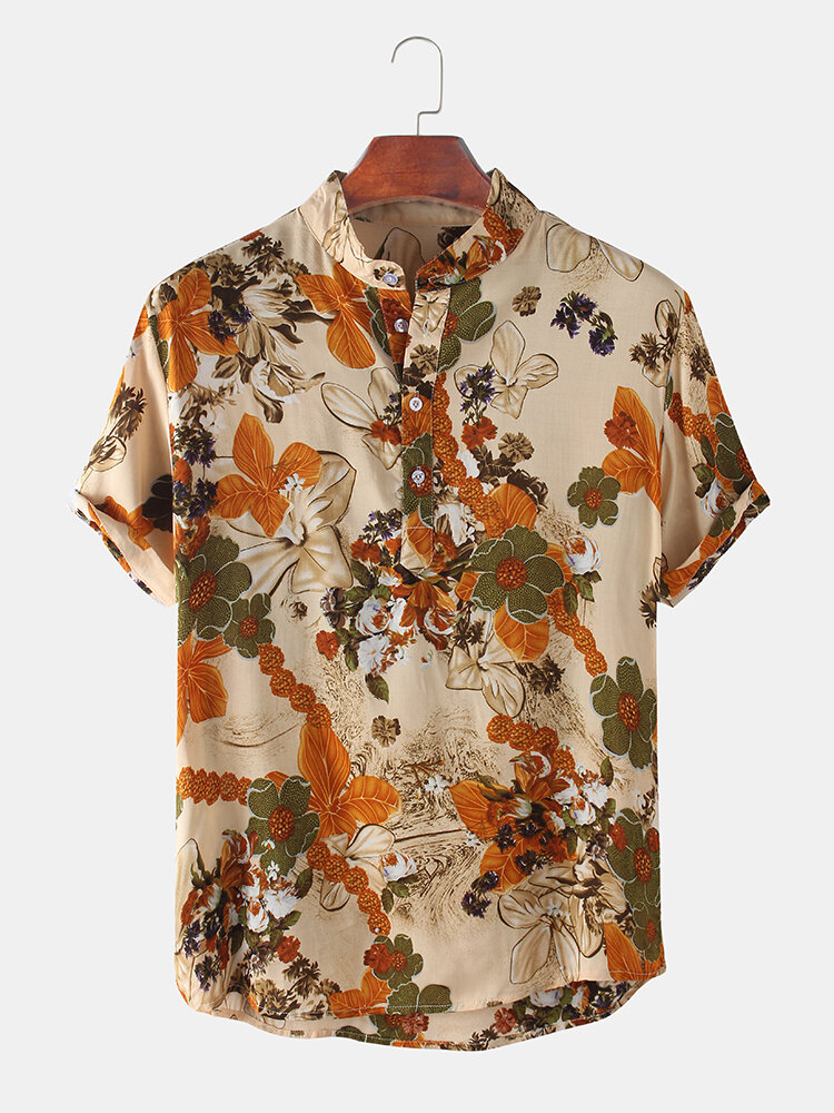 Mens Floral Printed Stand Collar Casual Short Sleeve Henley Shirts