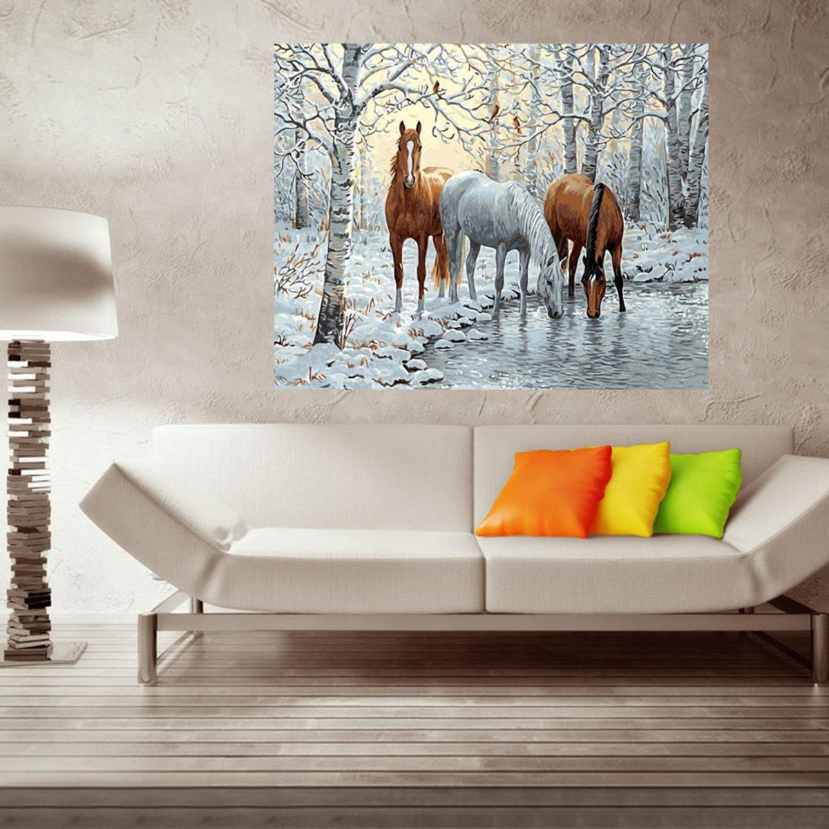 

Wood Framed DIY Paint By Number 16"*20" kit Three Horses In Ice Forest