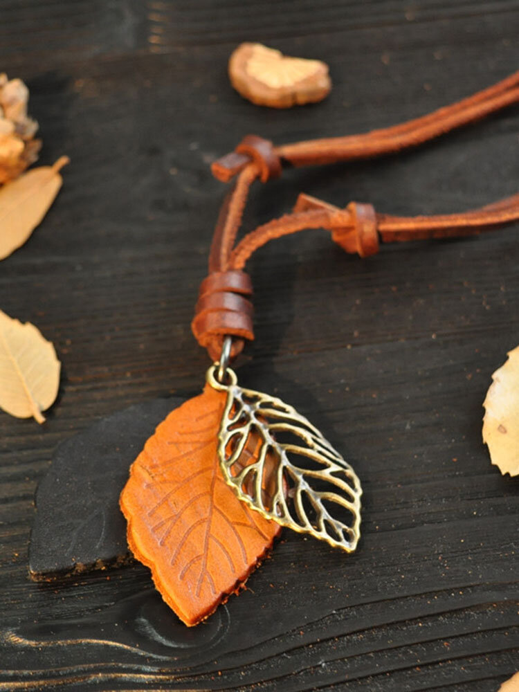 Vintage Geometric Hollow Cowhide Leaf Necklace Metal Pendant Sweater Chain Ethnic Ornament
