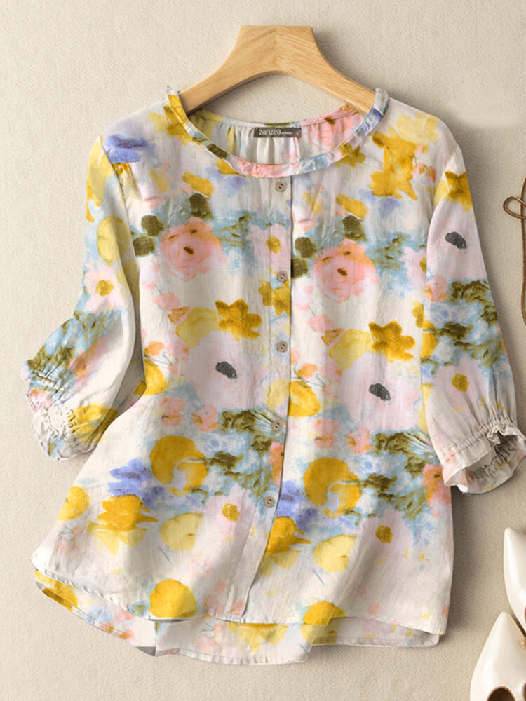 Blusa de mujer con estampado floral de acuarela y botón de adorno con volantes Diseño