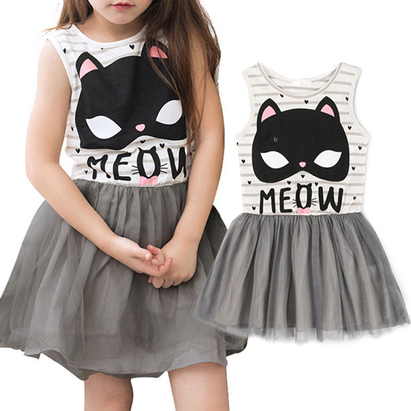 Lovely Cat Print Toddlers Girls Striped Patch tulle Casual Summer Dress For 4Y-11Y