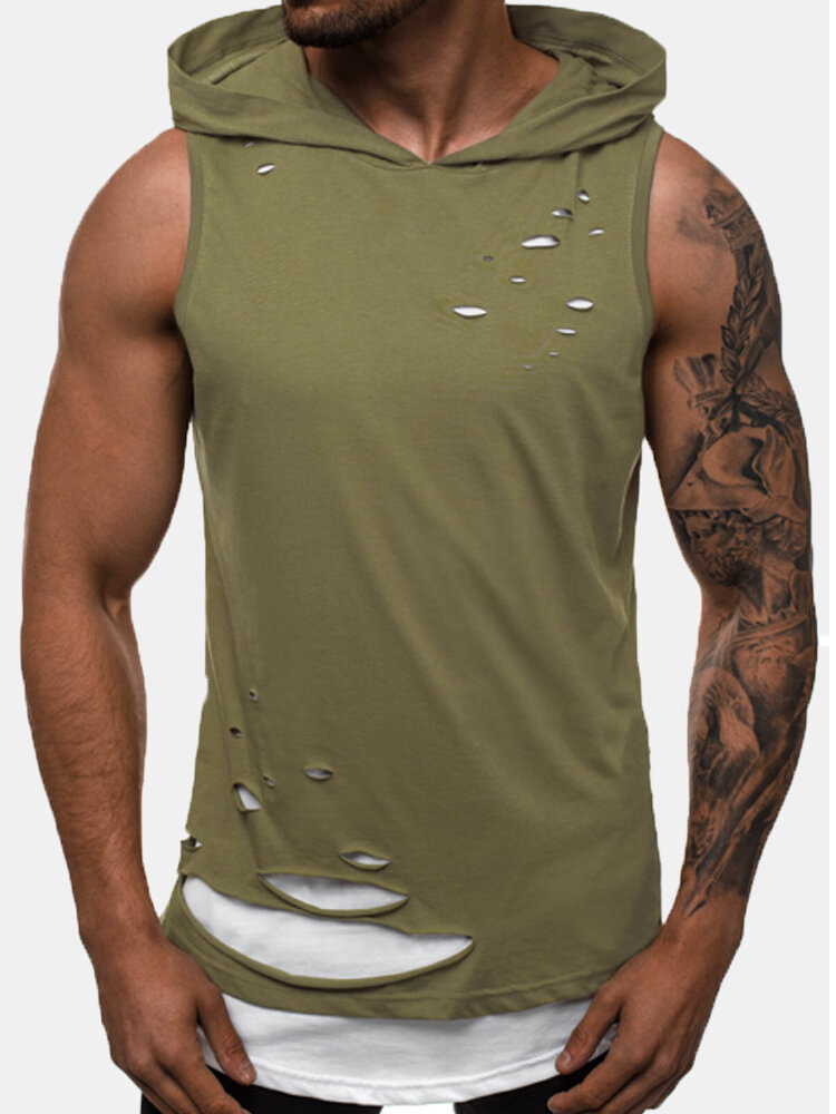 Mens Fake Two-Piece Ripped Holes Hooded Gym Fitness Tank Top