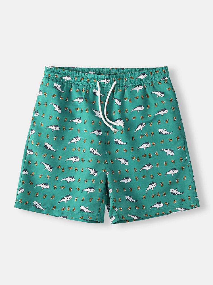 Funny Fish Pattern Swim Shorts Green Cute Casual Shorts Beachwear for Men