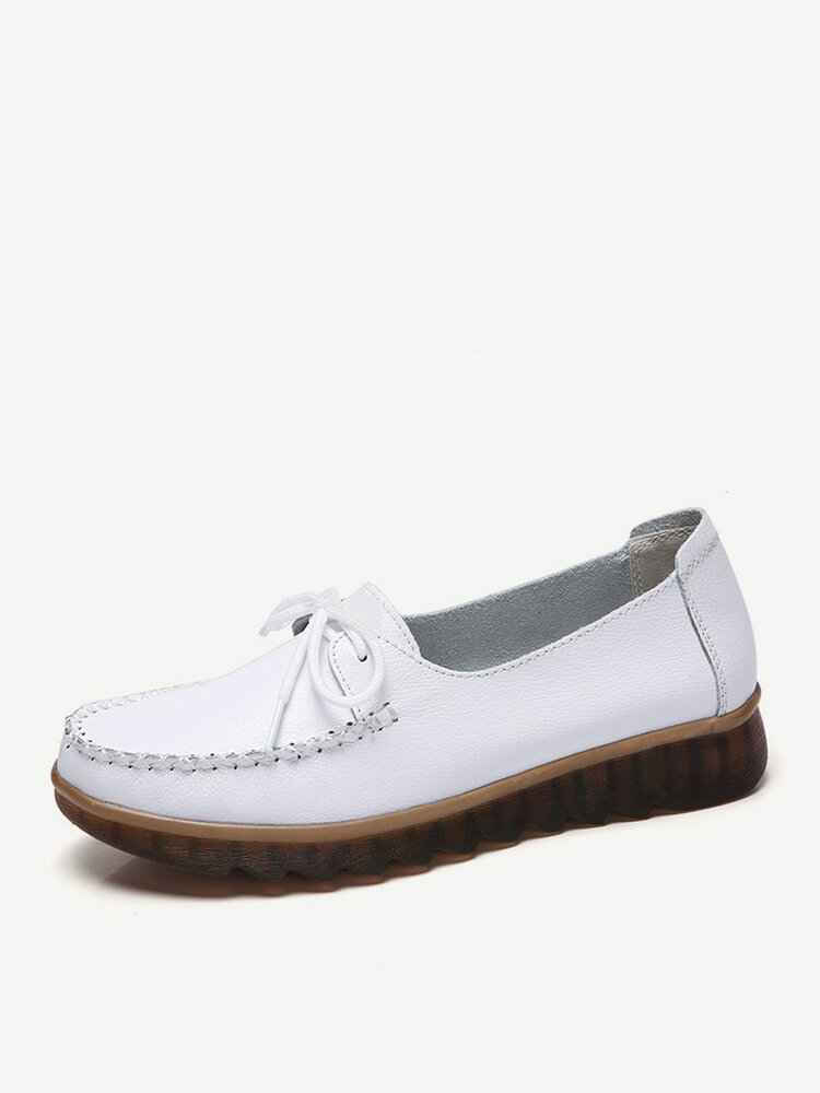 Bowknot Leather Slip On Flat Casual White Shoes