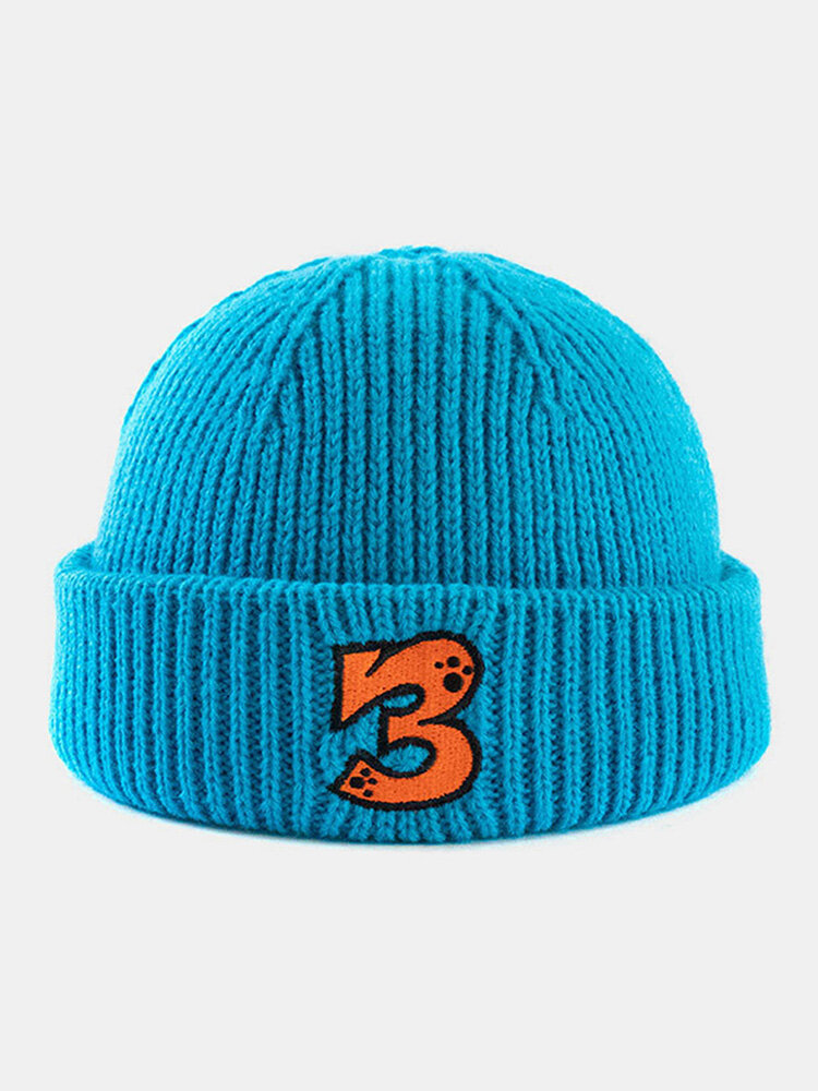 Unisex Acrylic Knitted Solid Color Cartoon Number Embroidery Warmth Brimless Beanie Landlord Cap Skull Cap