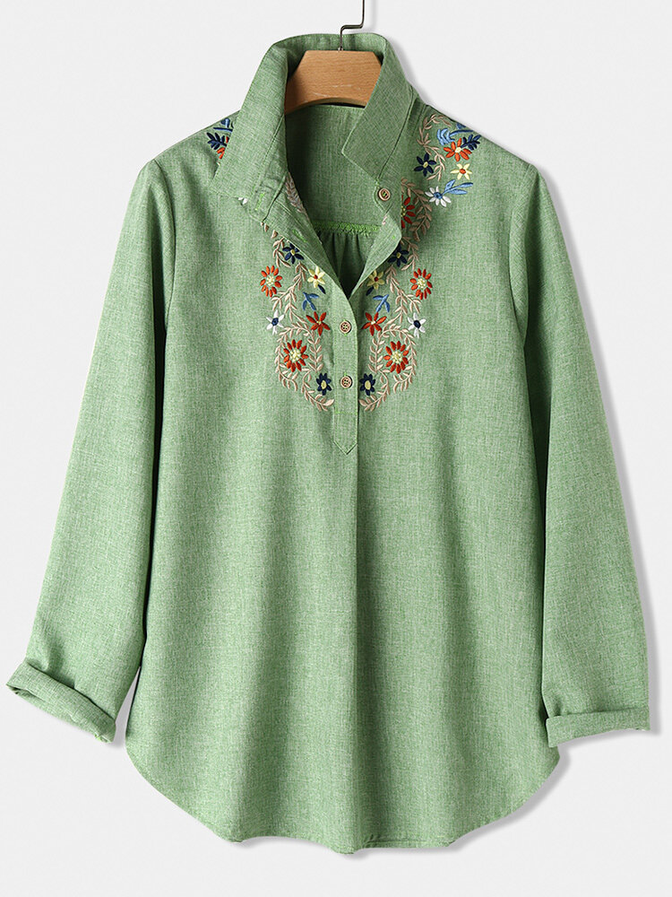 Flower Embroidered Long Sleeve Lapel Shirt For Women