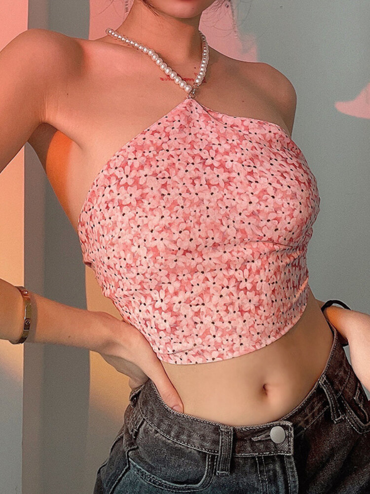 

Calico Pattern Pearls Beaded Halterneck Bodycon Crop Cami, Pink