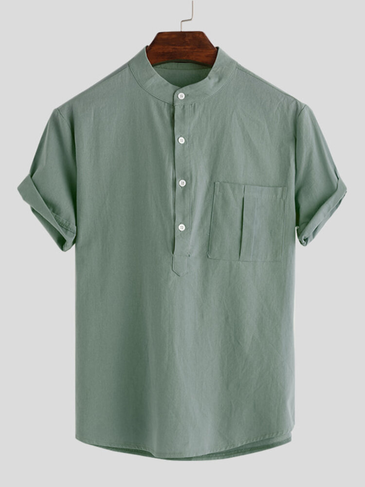 Mens Solid Stand Collar Short Sleeve Pocket Button Shirt