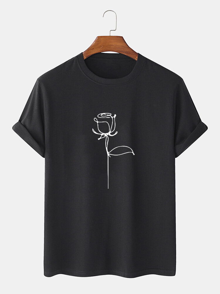 Mens Rose Print O-Neck Cotton Plain Casual Short Sleeve T-Shirts