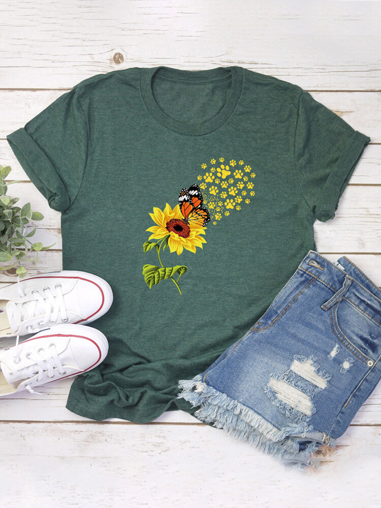 Butterfly Flower Print Short Sleeve T-shirt For Women