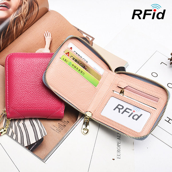 

RFID Women Genuine Leather Bifold Short Wallet 4 Card Slot Tassel Solid Coin Purse, Black;pink;sky blue;green;red & rose