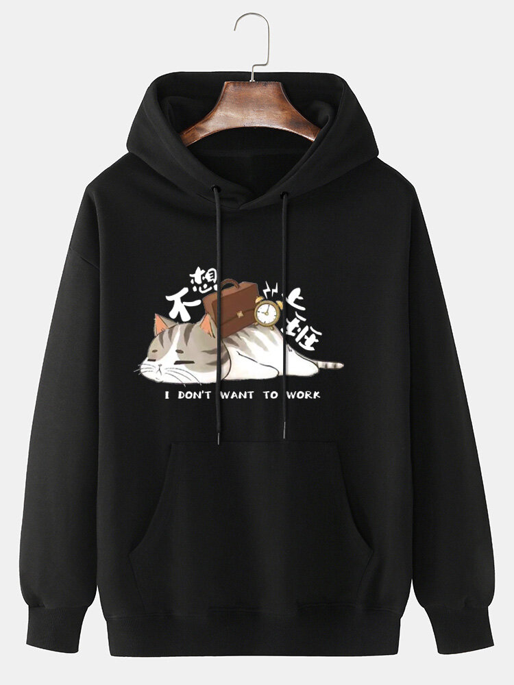Slogan de gato masculino com estampa de bolso canguru e capuzes com cordão