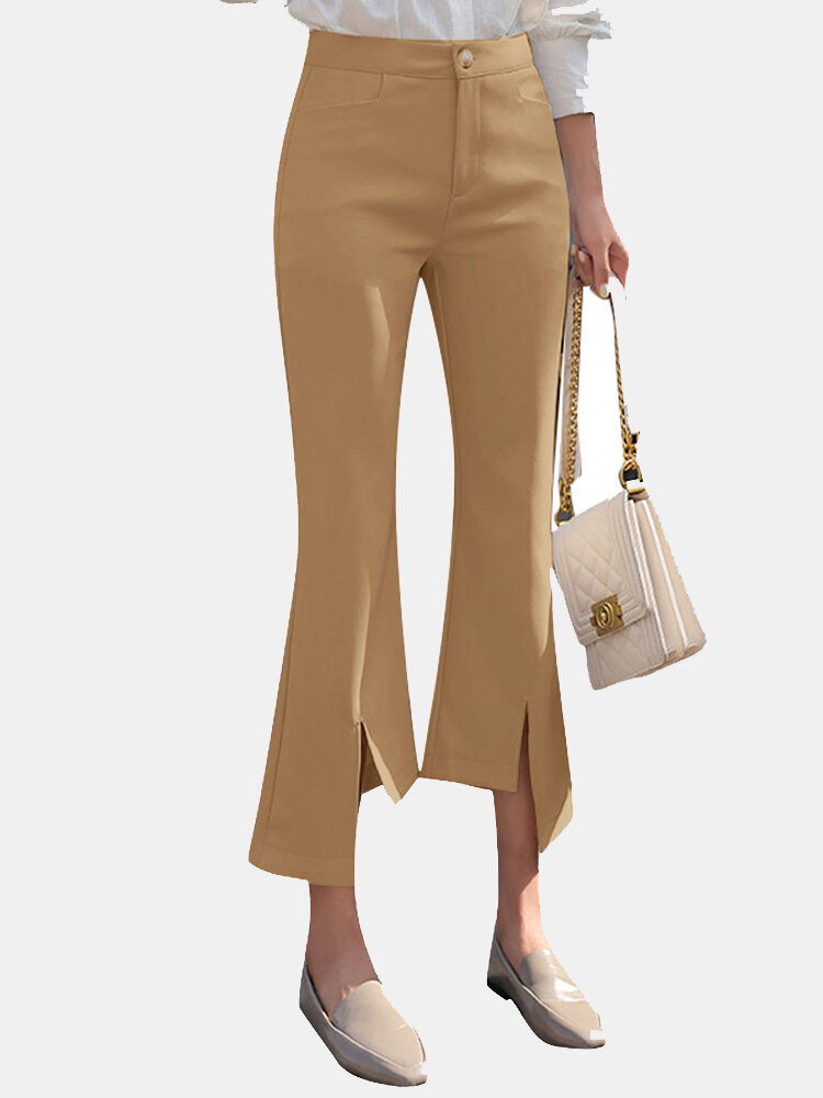 

Women Solid Asymmetrical Slit Hem Crop Bootcut Pants, Black;apricot;khaki