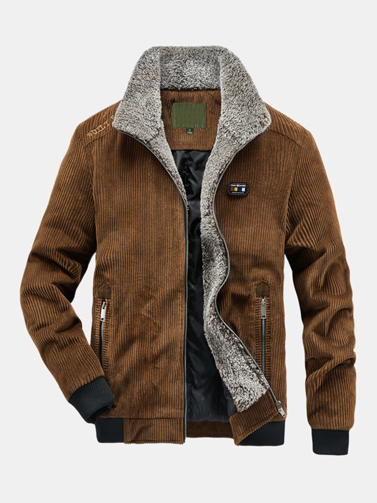 Mens Winter Corduroy 100% Cotton Plus Velvet Warm Zipper Casual Solid Jacket