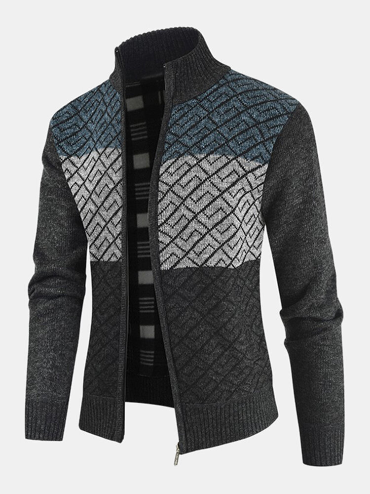Mens Patchwork Stand Collar Knitted Thick Warm Casual Sweater Cardigan