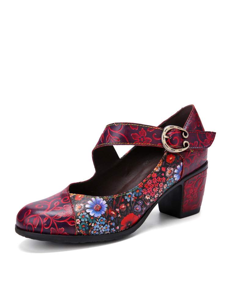 Socofy Retro Floral Printing Leather Patchwork Metal Buckle Chunky Heel Mary Jane Pumps