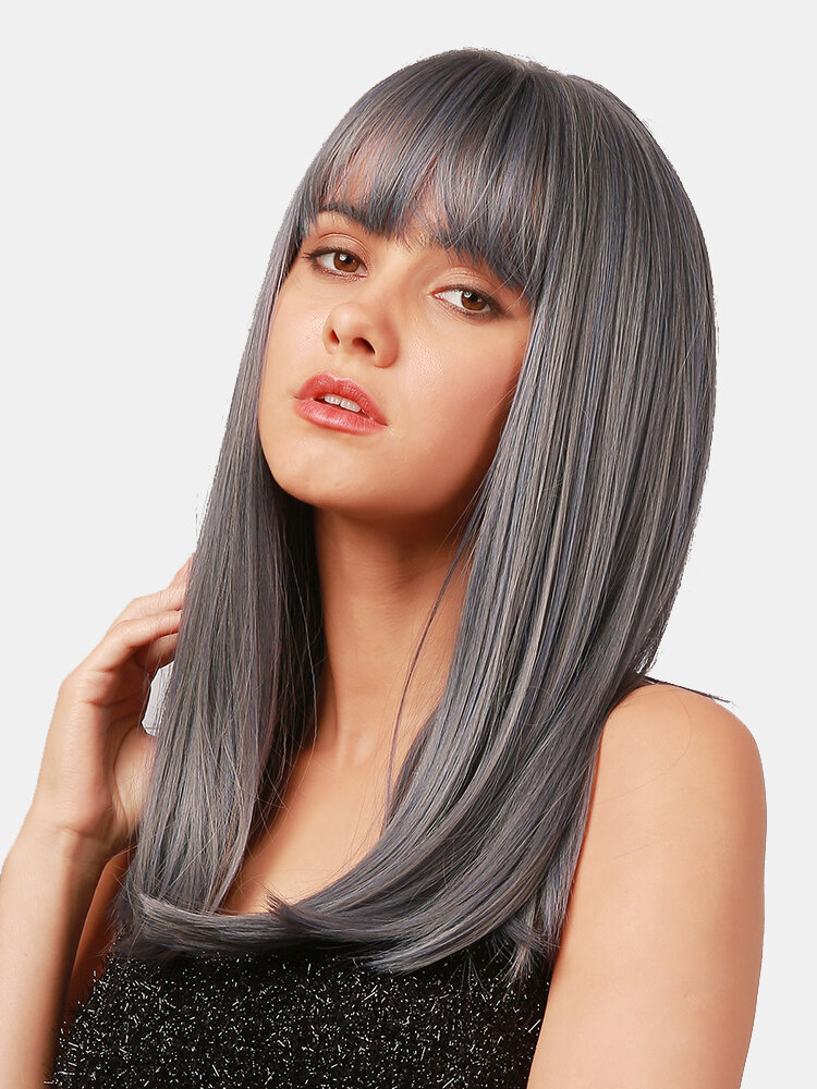 18 Inch Mixed Gray Medium-Length Straight Hair Air Bangs Shawl Full Head Cover Wigs