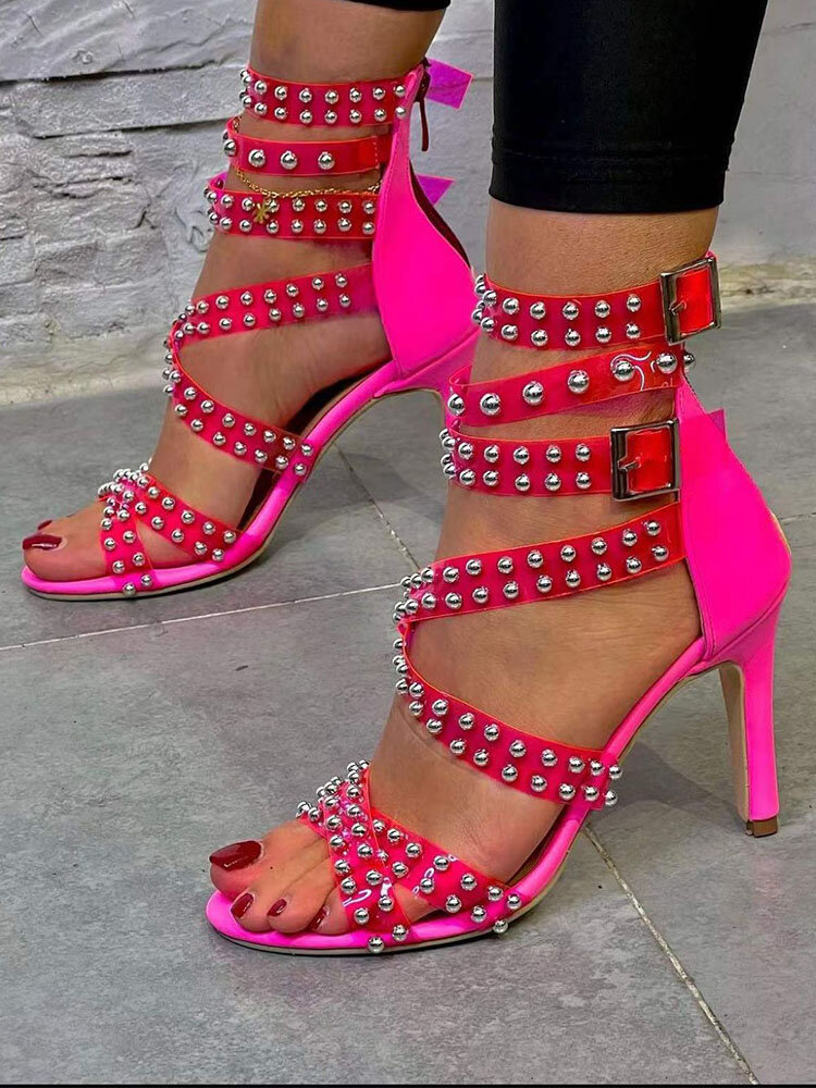 Sandálias femininas plus size sexy moda fivela rebite decoração confortável com zíper traseiro
