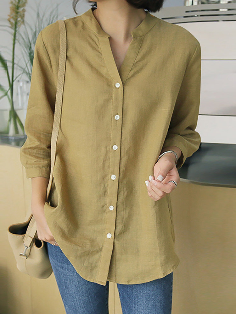 Solid Button 3/4 Sleeve V-neck Blouse For Women