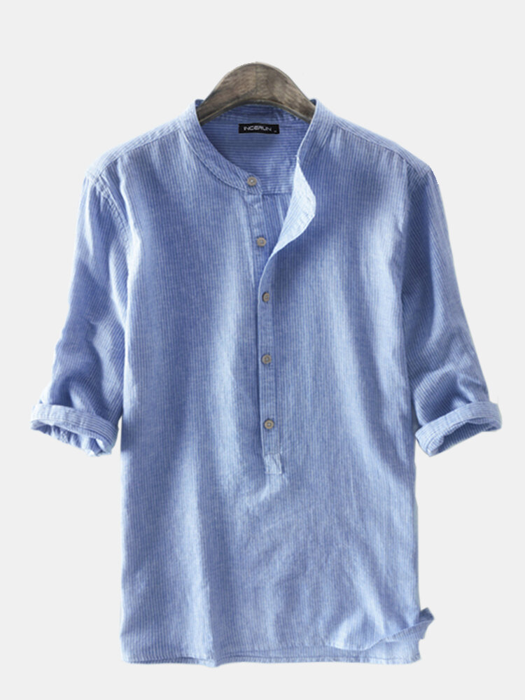 Mens 100% Cotton Stripe 3/4 Short Sleeve Henley Shirt
