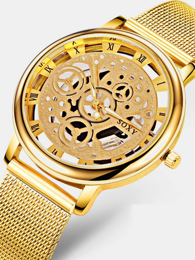 Business Gold Hollow Skeleton Quartz Watches Vintage Roman Numerals Mesh Strap Life Waterproof Watch