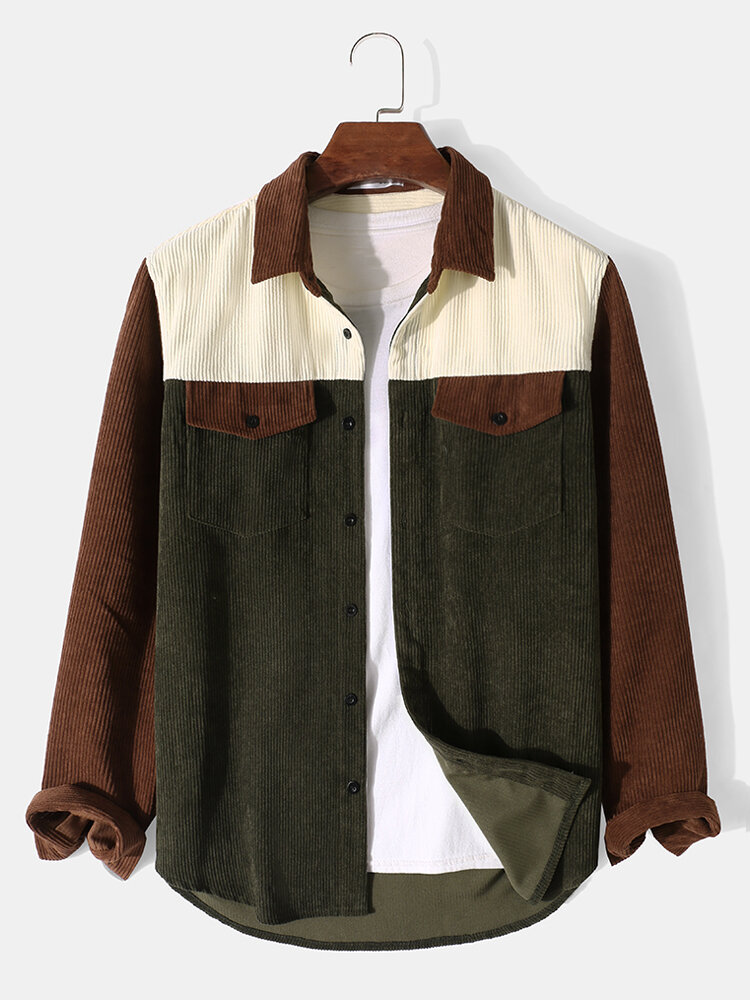 Mens Corduroy Patchwork Flap Pocket Casual Long Sleeve Shirts, Army green